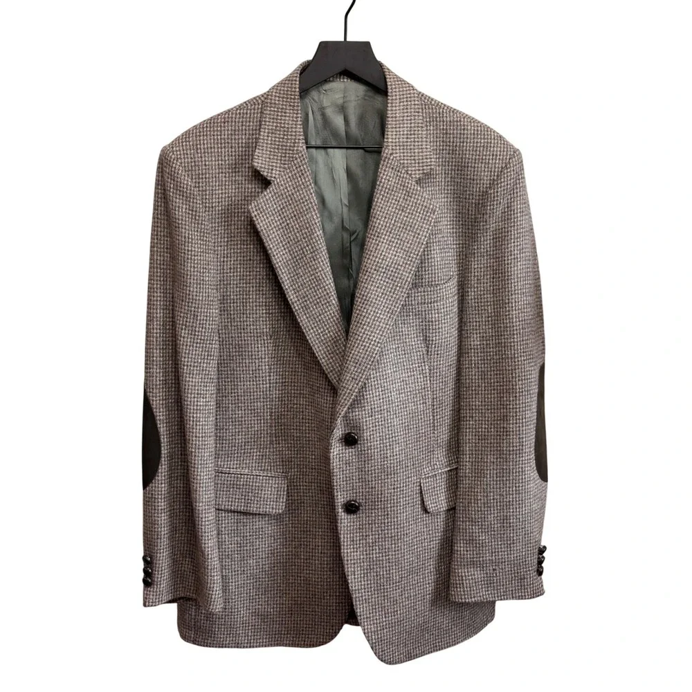 Woodmere Mens 42R 100% Wool Houndstooth Blazer Brown‎ Elbow Patches Sport Coat